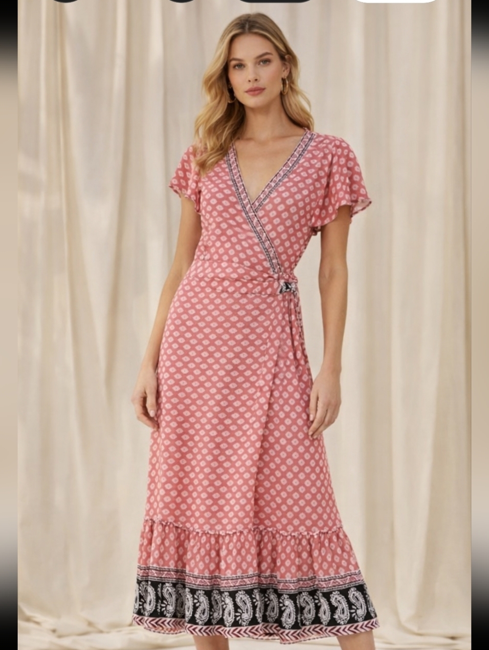 Women's Pink Patterned Wrap Dress